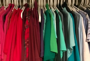 closet with tops arranged by color