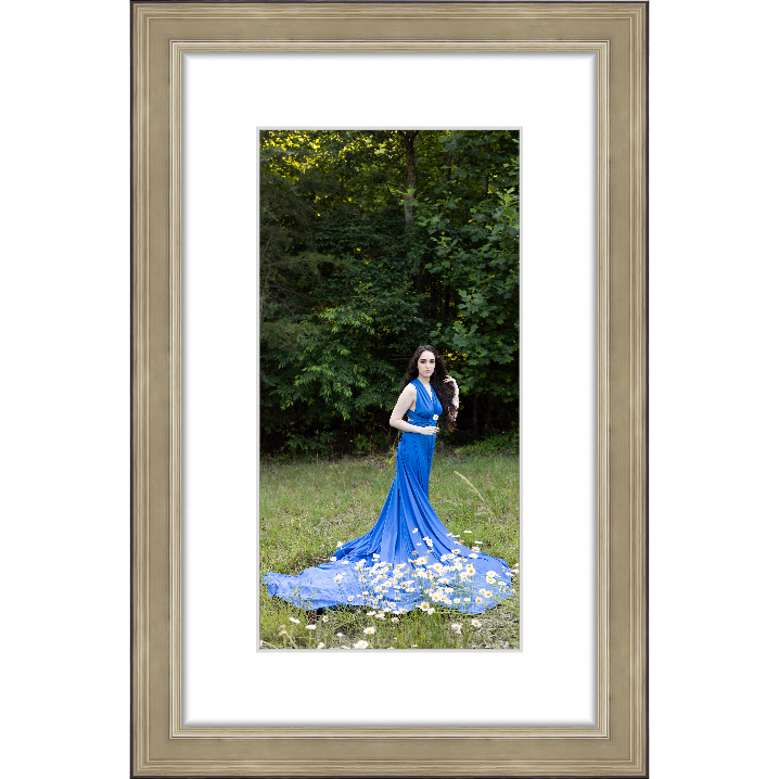 framed photo of woman in a long blue dress in a field of daisies