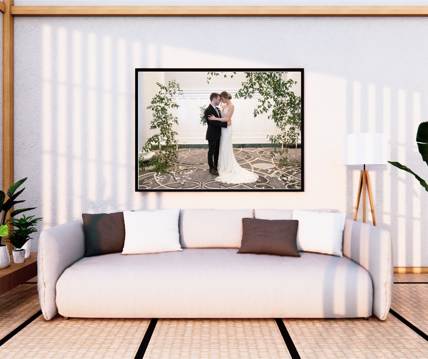 wall art over couch wedding portrait